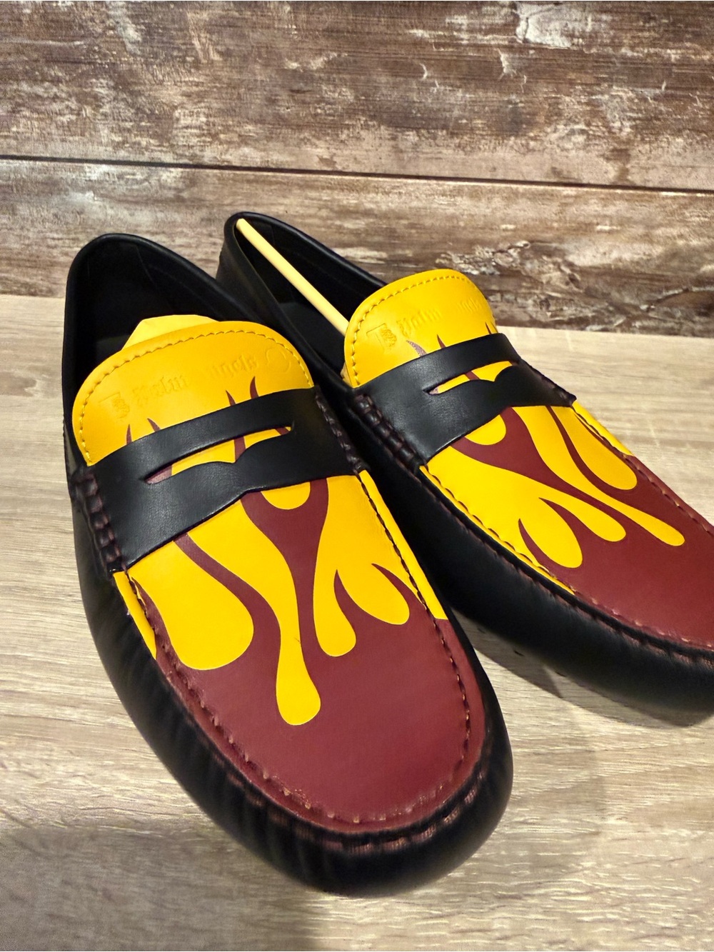 Moncler Black, Yellow & Burgundy Flame-Detail Slip-On Loafers